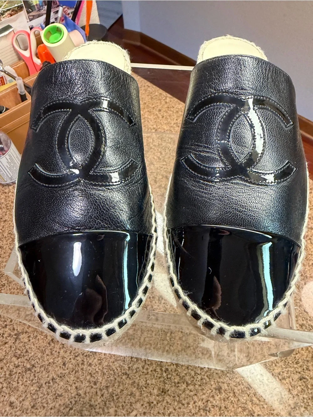 CHANEL Authentic Black Leather Patent CC Espadrille Mule Slides Size 39